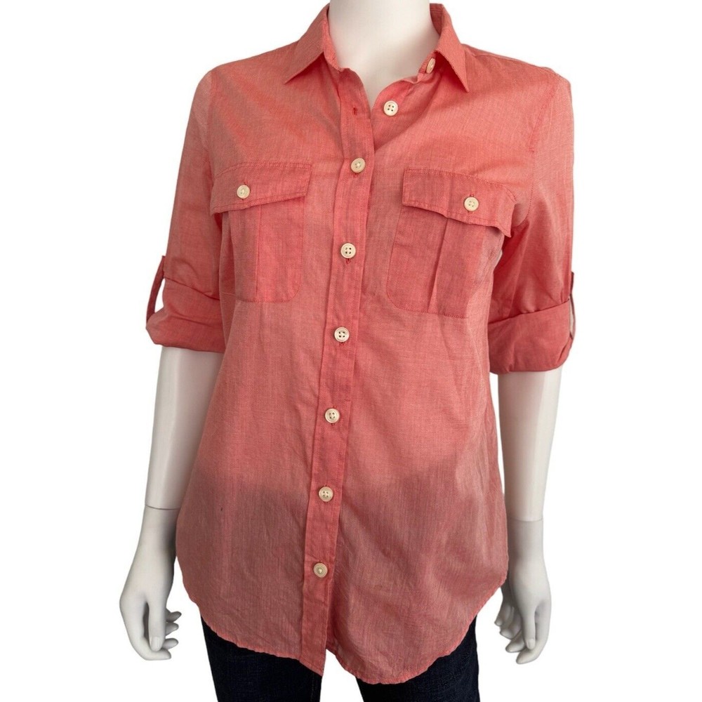 J Crew Button Up Shirt size S Women Roll Tab Convertible Sleeves Red Coral NEW